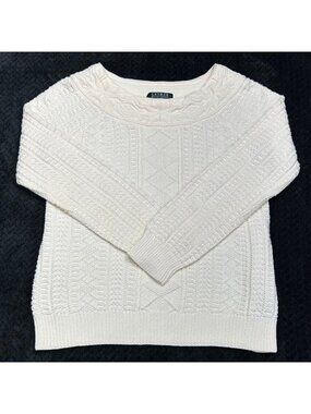 Lauren Ralph Lauren Womens Ivory Cable Knit Cotton Blend Sweater Medium